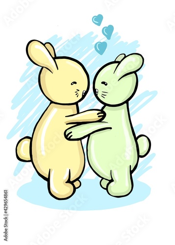 Two cute bunnies green and yellow hugging.Concept of love  romance.