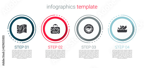 Set Folded map, Suitcase, Ship porthole with seascape and Sinking cruise ship. Business infographic template. Vector