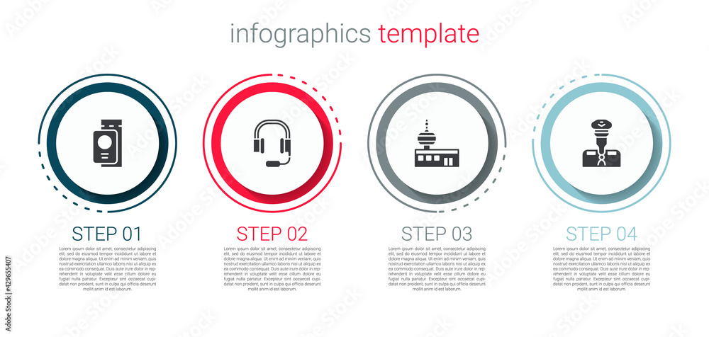 Set Passport with ticket, Headphones microphone, Airport control tower and Pilot. Business infographic template. Vector Set Passport with ticket, Headphones microphone, Airport control tower and Pilot. Business infographic template. Vector