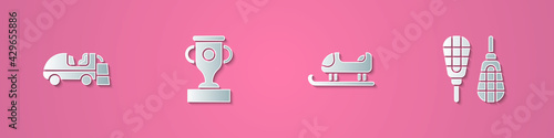 Set paper cut Ice resurfacer, Award cup, Sled and Snowshoes icon. Paper art style. Vector