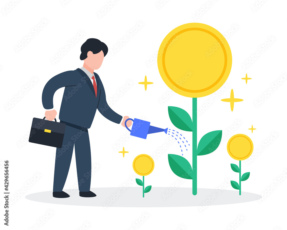 Businessman watering tree with coins. The creative concept idea of growth investing or making money from the investment. Simple trendy cute vector illustration. Modern and minimal flat style graphic. Businessman watering tree with coins. The creative concept idea of growth investing or making money from the investment. Simple trendy cute vector illustration. Modern and minimal flat style graphic.