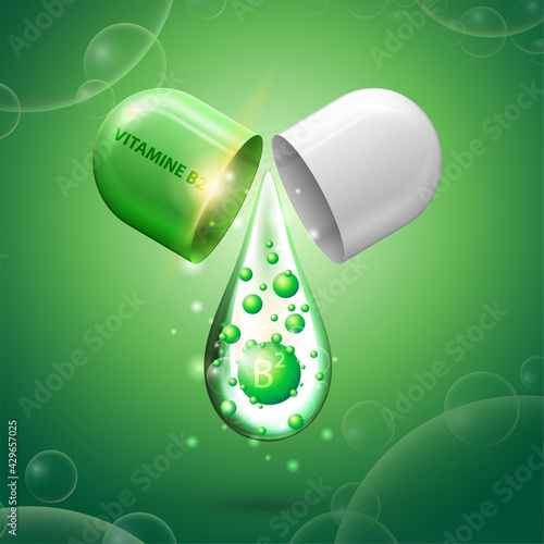Green and white pill capsule with drop of vitamin B2. Green poster with abstract vitamin B1