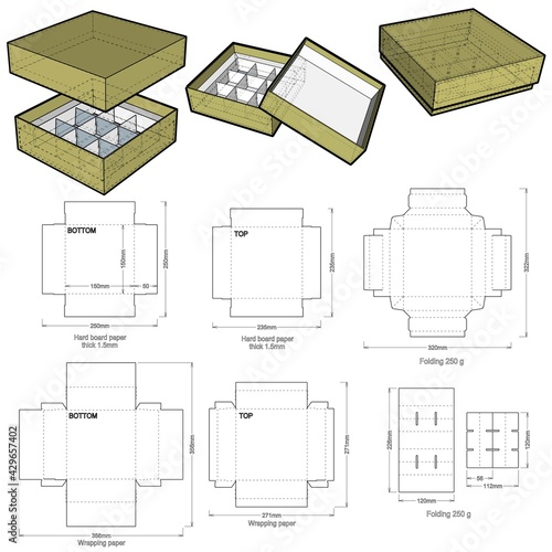 Rigid Box top and bottom hard board paper thicknes 1.5mm and Die-cut Pattern. The .eps file is full scale and fully functional.
