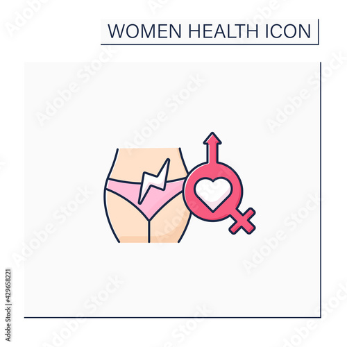 Sexual pain color icon. Painful intercourse. Dyspareunia. Arousal lack. Health care. Woman health concept. Isolated vector illustration