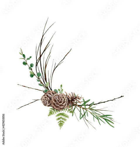 Hand drawing watercolor forest bouquet of wild flowers  leaves and branches. illustration isolated on white. Perfect for summer wedding invitation and logo