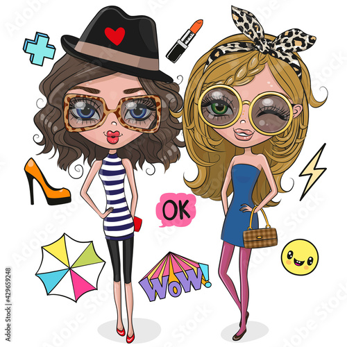 Cute Cartoon girls in sun glasses on a white background