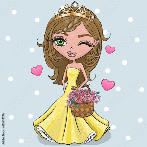 Cartoon Princess in a yellow dress with hearts on a blue background