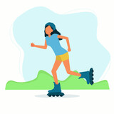 A woman skates on roller skates. Entertainment in her free time, respecting the distance. Vector image in flat style.