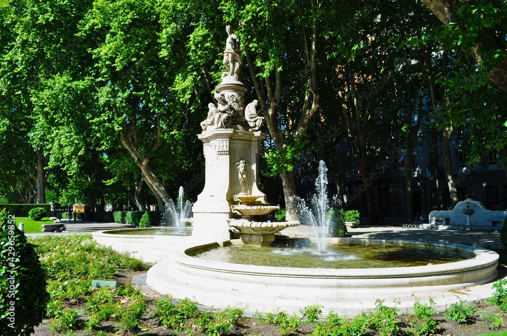 Fountain in a park in Madrid, Spain