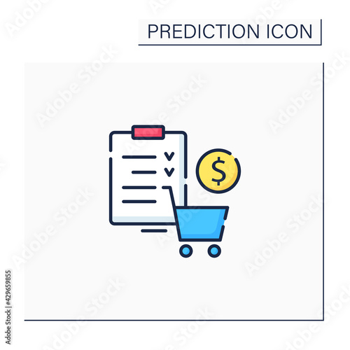 Merchandise planning color icon. Shop list. Only necessary products. Save money. Grocery basket and shopping list. Business predicting concept.Isolated vector illustration