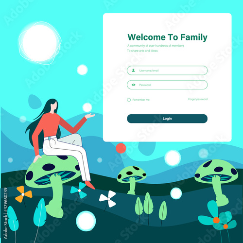 Login form landing page design template concept , Girl sitting on Mershon vector illustration