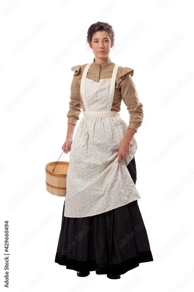 Ταπετσαρία Young prairie woman with apron holding skirt and a basket isolated on white