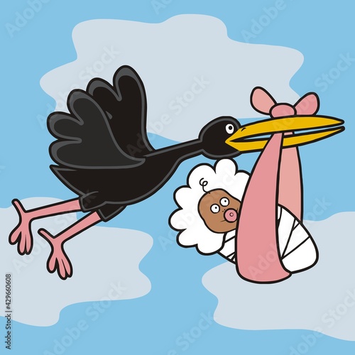 bird and baby girl, vector humorous illustration