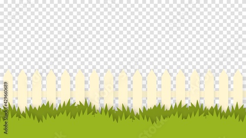 Rustic fence in green grass isolated template. White painted wooden picket fence drowned in dense bushes and weeds summer landscape cozy rural life vector.