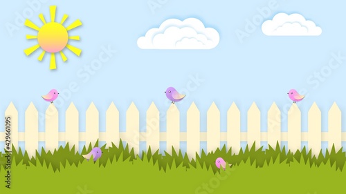 Rustic fence with birds and green grass illustration. Summer paper cut rural landscape with white picket fence and sparrows sitting and in bushes yellow gradient sun floating vector clouds.