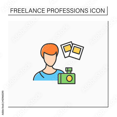 Photographer color icon. Professional take photos on camera. Create, edit, publish photos.Freelance professions concept. Isolated vector illustration
