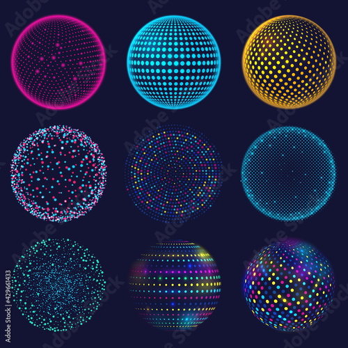 Dotted neon 3d sphere. Abstract atomic dotted spheres, 3d grid glowing spherical shapes vector illustration set. Digital neon sphere balls