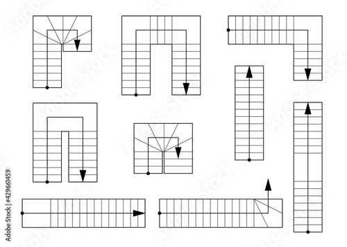 Ladder top view. Architectural element for drawings and sketches. Set of different stairs