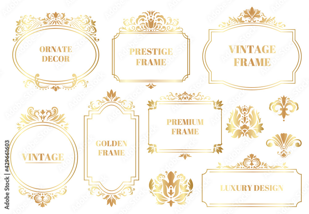 Damask ornamental frames. Antique baroque floral golden border frames isolated vector illustration set. Decorative damask vintage frames Damask ornamental frames. Antique baroque floral golden border frames isolated vector illustration set. Decorative damask vintage frames