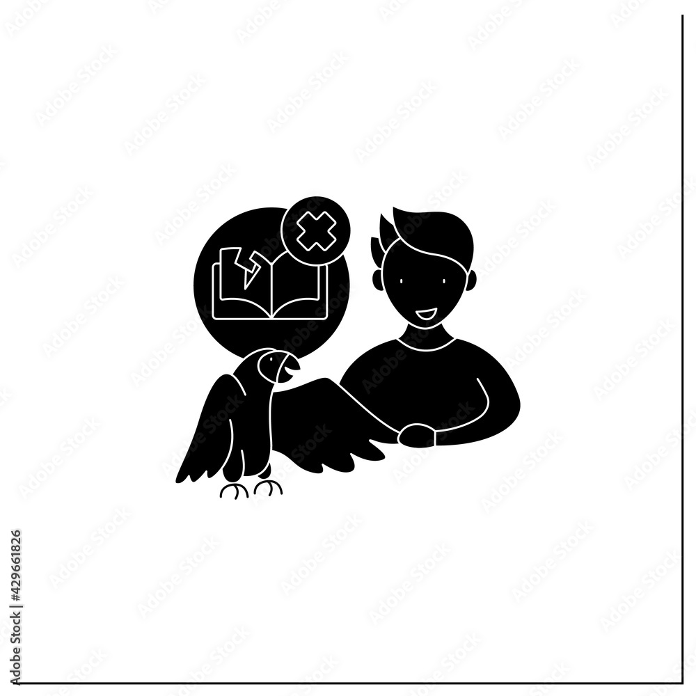 Pets benefits glyph icon. Parrot help boy with learning disorders. Nonverbal cues to communicate. Animal caring concept. Filled flat sign. Isolated silhouette vector illustration Pets benefits glyph icon. Parrot help boy with learning disorders. Nonverbal cues to communicate. Animal caring concept. Filled flat sign. Isolated silhouette vector illustration