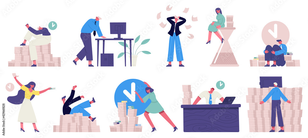 Deadline office work. Unorganised rushing office characters, fail time management vector illustration set. Businessman deadline characters