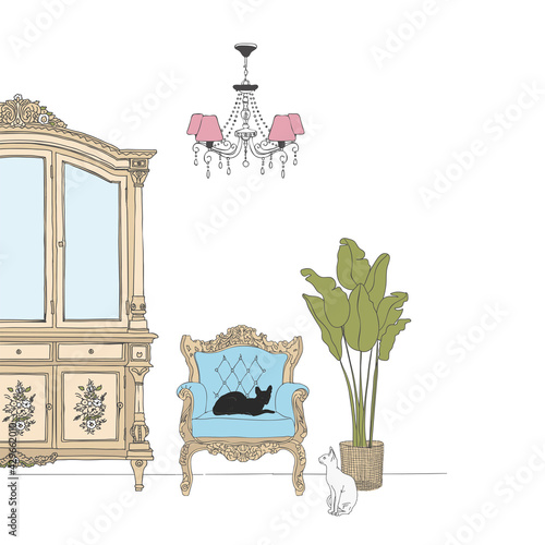 Interior of a room with a wardrobe, an armchair and a houseplant.Hand-drawn vector illustration.