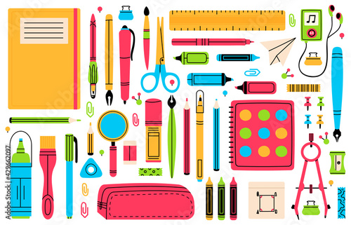 School chancellery. Pupils education hand drawn school supplies, pencil, pen, ruler, eraser and scissors vector illustration set. Back to school tools