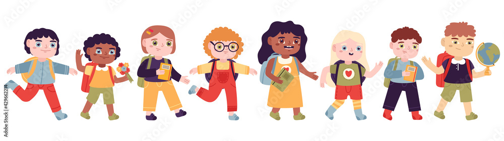 Children going to school. Boys and girls going to elementary school, happy pupils with backpacks vector illustration set. Elementary school pupils Children going to school. Boys and girls going to elementary school, happy pupils with backpacks vector illustration set. Elementary school pupils