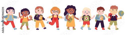 Children going to school. Boys and girls going to elementary school, happy pupils with backpacks vector illustration set. Elementary school pupils