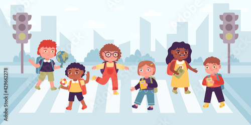 Crosswalk children. Elementary school pupils crossing street on cross road, observance traffic rules vector illustration set. School children going to school