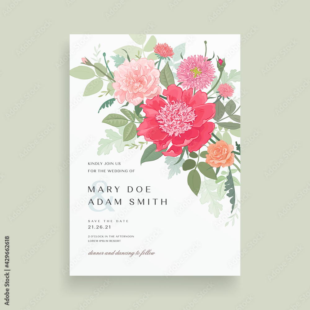 Floral wedding invitation card template design. Hand drawn detailed flowers bouquet on white background