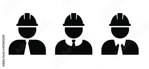 The boss, foreman manager or business man. Construction worker in protective clothing and helmet. Person profile with safety helmet. Flat vector sign. Pictogram logo icon. Safety vest and equipment.