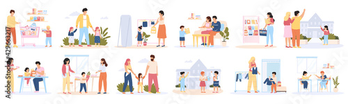 Back to school. School education preparation, parents and children buying school supplies vector illustration set. Knowledge day pupils preparation
