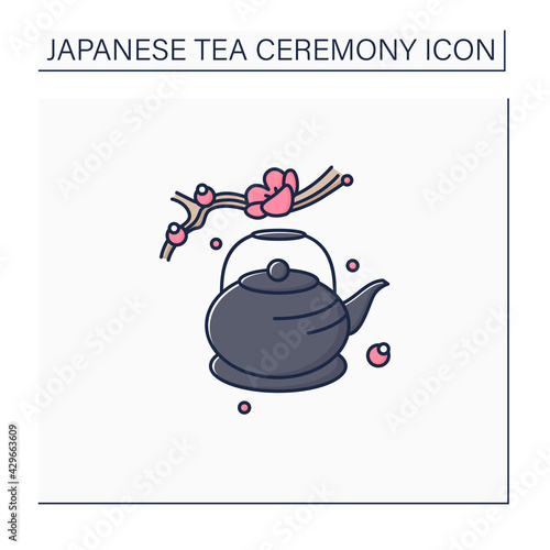 Japanese teapot color icon. Ancient kettle for tea ceremony and sakura twig. Trendy traditional teapot. Unique ritual. Tea ceremony concept.Isolated vector illustration
