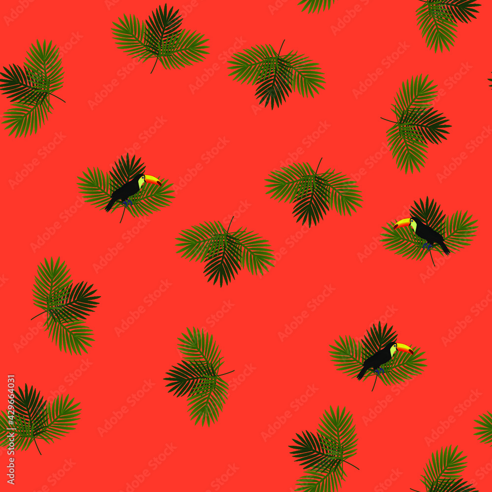 Tropical seamless pattern with parrots and palm leaves. Exotic background with birds. Tropical seamless pattern with parrots and palm leaves. Exotic background with birds.