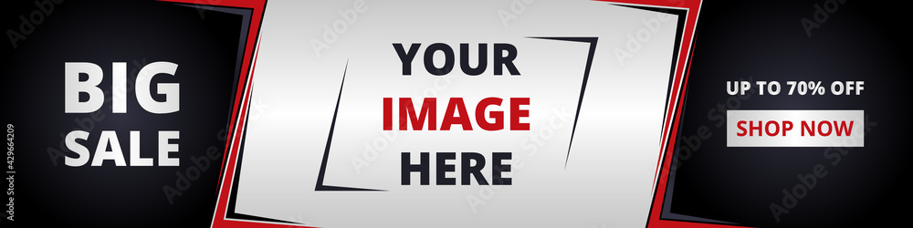 Fototapeta premium Horizontal big sale banner. Colored wide banner with black and red gradation geometric modern background for sale, special offer. Vector illustration EPS10.