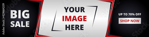 Horizontal big sale banner. Colored wide banner with black and red gradation geometric modern background for sale, special offer. Vector illustration EPS10.