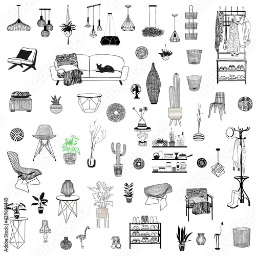 Furniture,indoor plants and decorative items.Vector illustration set. Linear contour design with sofa,armchair, lamp, table,wardrobe,house plants etc.