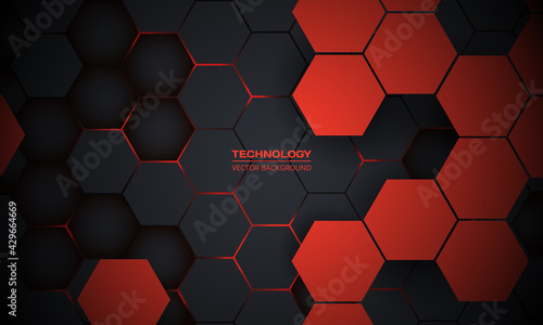 Red and dark gray hexagonal technology abstract vector background. Red bright energy flashes under hexagon in futuristic modern technology background vector illustration. Black honeycomb texture grid.