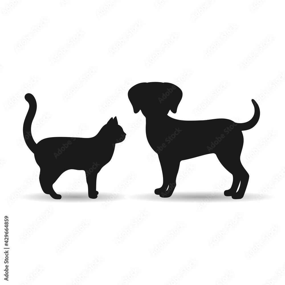 illustration of silhouettes of black dog and cat on a white background