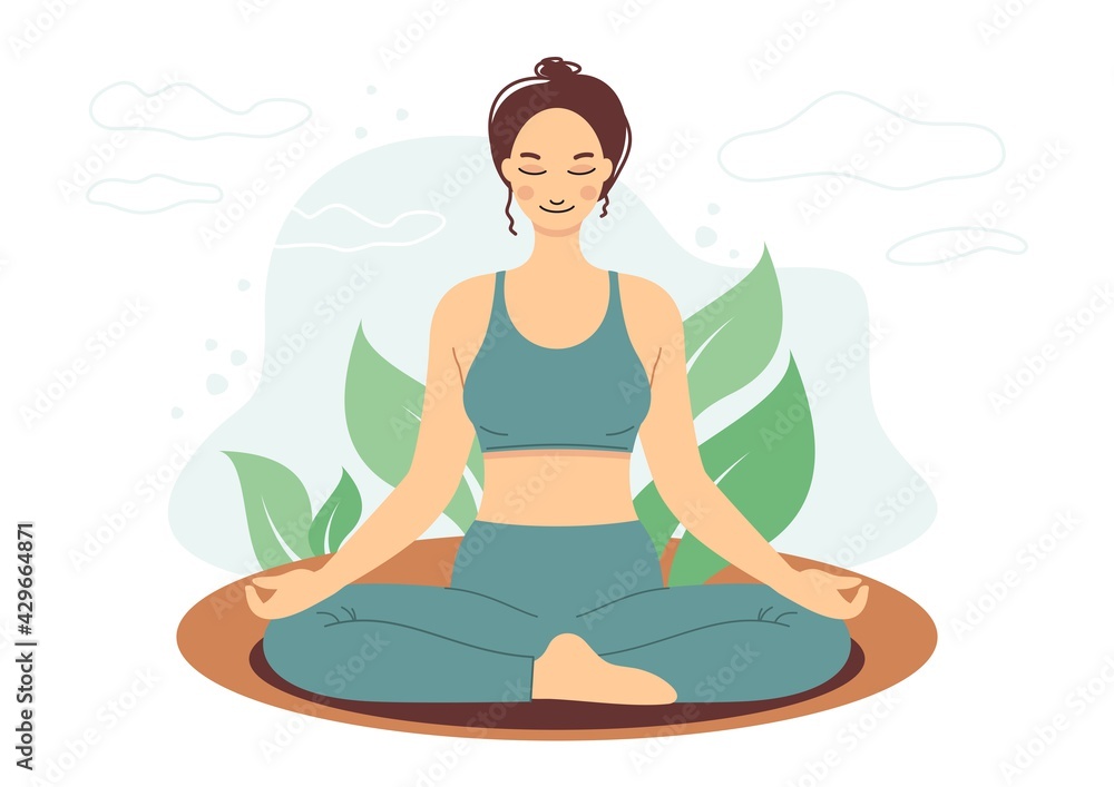 Woman meditating. Yoga, relax, meditation concept. Vector illustration in flat cartoon style