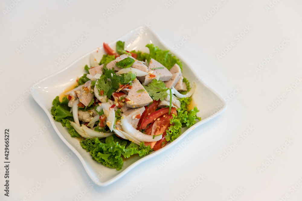 Spicy Vietnamese Sausage Salad on white background. Spicy Vietnamese Pork Sausage Salad with Vegetables Good Tasty Appetizer Healthy food or diet The Most Popular Thai and Vietnamese Food. Spicy Vietnamese Sausage Salad on white background. Spicy Vietnamese Pork Sausage Salad with Vegetables Good Tasty Appetizer Healthy food or diet The Most Popular Thai and Vietnamese Food.