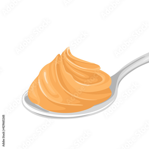 Peanut butter in spoon isolated on white. Vector illustration in cartoon flat style.