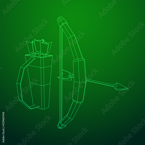 Medieval Bow and arrow archer weapon. Wireframe low poly mesh vector illustration.
