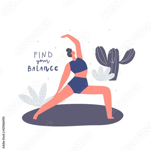 Woman standing in yoga pose and freehand drawn lettering: find you balance. Vector illustration photo