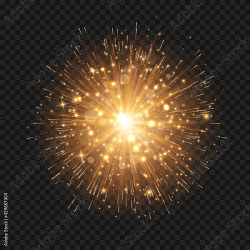 Glowing starburst explosion with sparkles and rays. Golden light flare firecracker effect with stars and glitter. Vector realistic illustration of shiny bright rocket burst