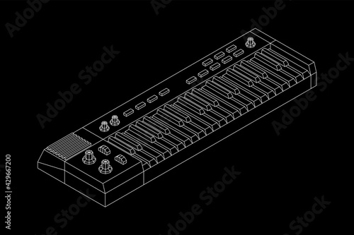 Piano roll analog synthesizer faders buttons knobs. Wireframe low poly mesh vector illustration.