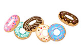 Flying donuts with icing and sprinkles. Colorful doughnut in motion. Cartoon style.