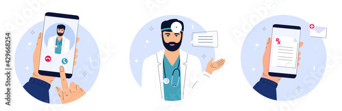 The patient makes a video call to the doctor on the smartphone. Medical worker with a stethoscope holds clipboard. Remote appointment. Telemedicine concept. Prescription online