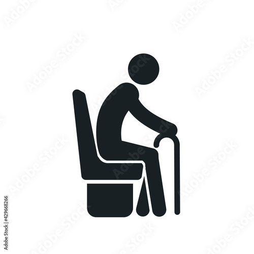 Sitting old man with a cane, detailed black icon for public transport isolated on white background